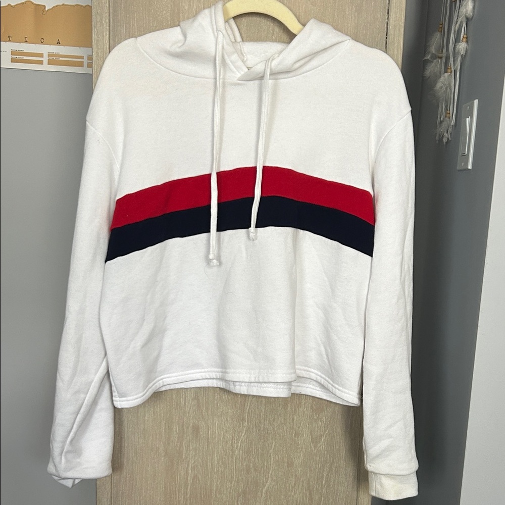 Forever 21 White Hoodie with Red and Black Bands